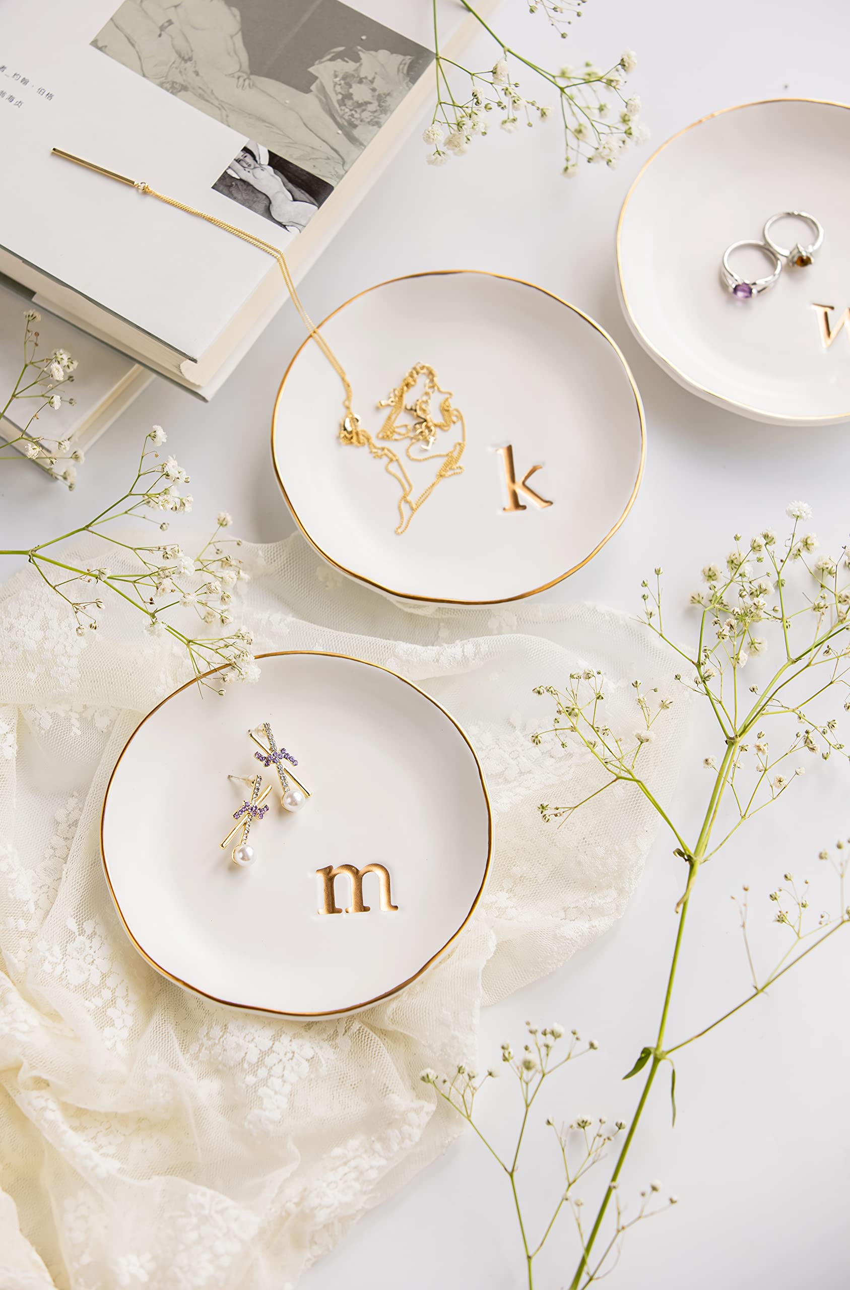 COLLECTIVE HOME - Ceramic Jewelry Tray, Decorative Trinket Dish for Rings Earrings Necklaces Bracelet Watch Keys, Birthday Mother's Day Christmas Gift for Women, 4.75", White Surface (A)