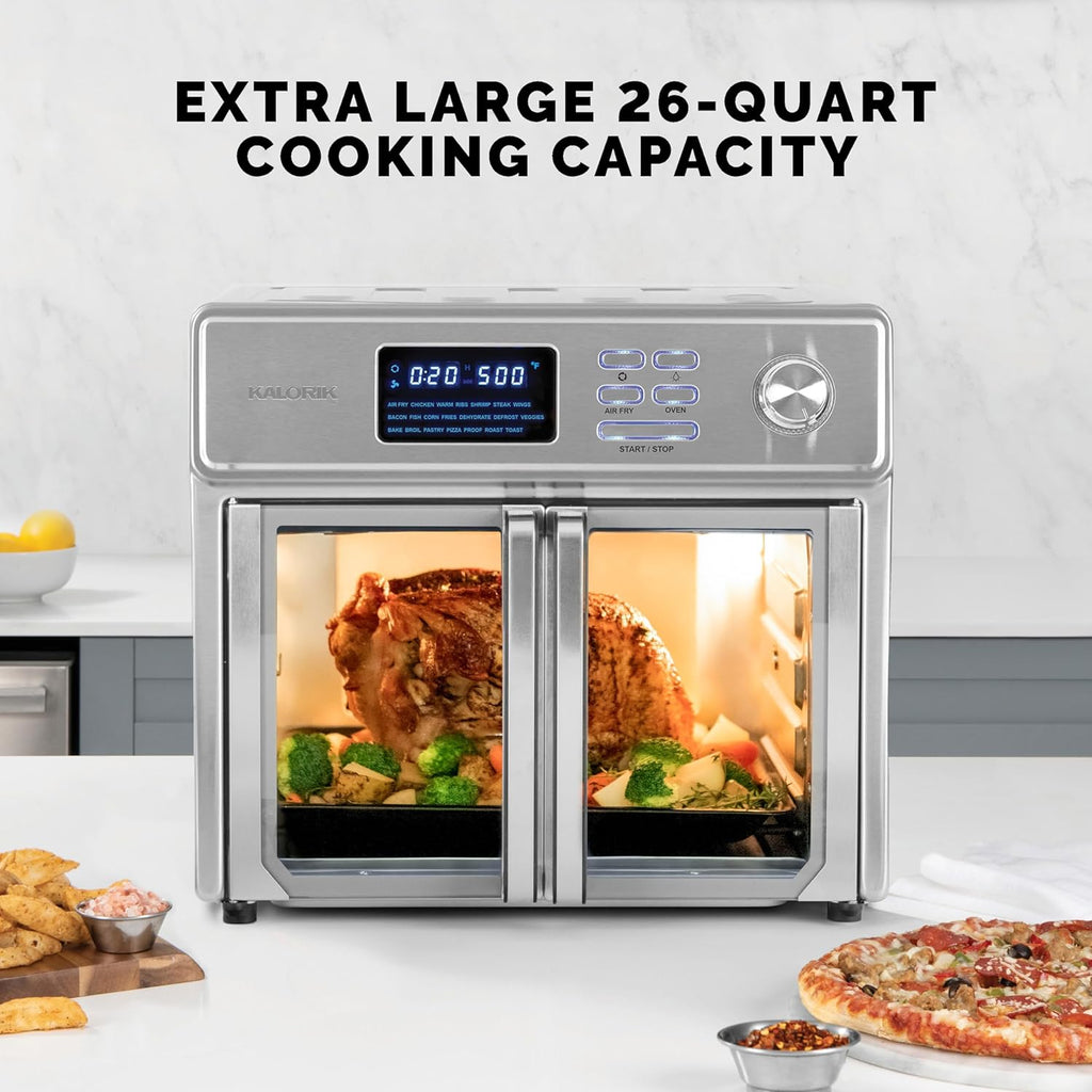 Kalorik MAXX® Digital Air Fryer Oven, 26 Quart, 10-in-1 Countertop Toaster Oven & Air Fryer Combo-21 Presets up to 500 degrees, Includes 9 Accessories & Cookbook, 26-Quart, Stainless Steel