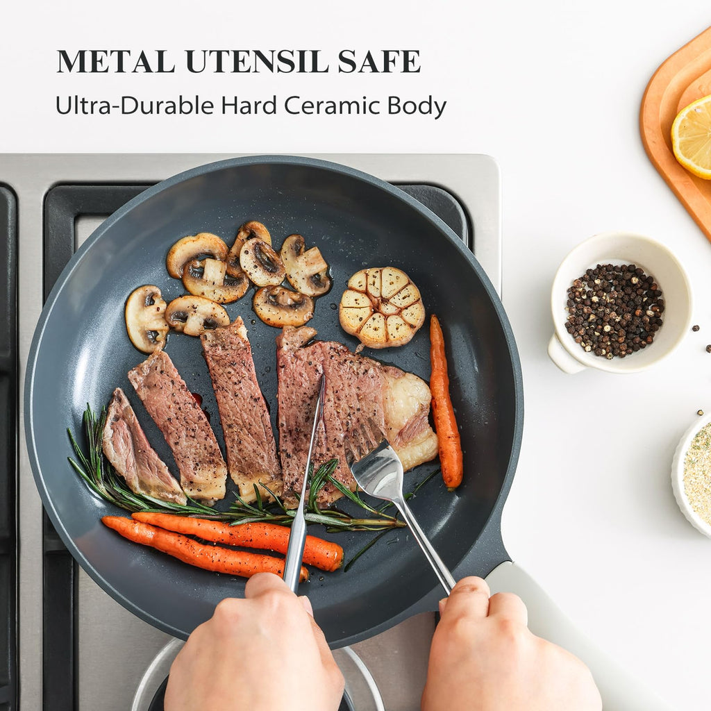 PRICUSIS Nonstick Frying Pan, 8/10/12 Inch Skillet with Stay Cool Handle, Fully Coated, Induction Compatible, 100% Dishwasher Safe, PFOA Free（10 Inch, Black Sesame）