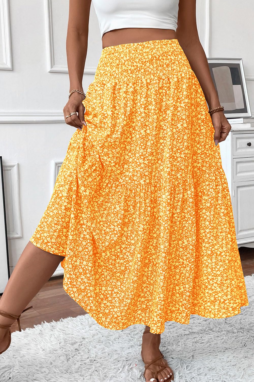 Women's Smocked High Waist Maxi Skirt Casual Boho Long Skirts with Pockets