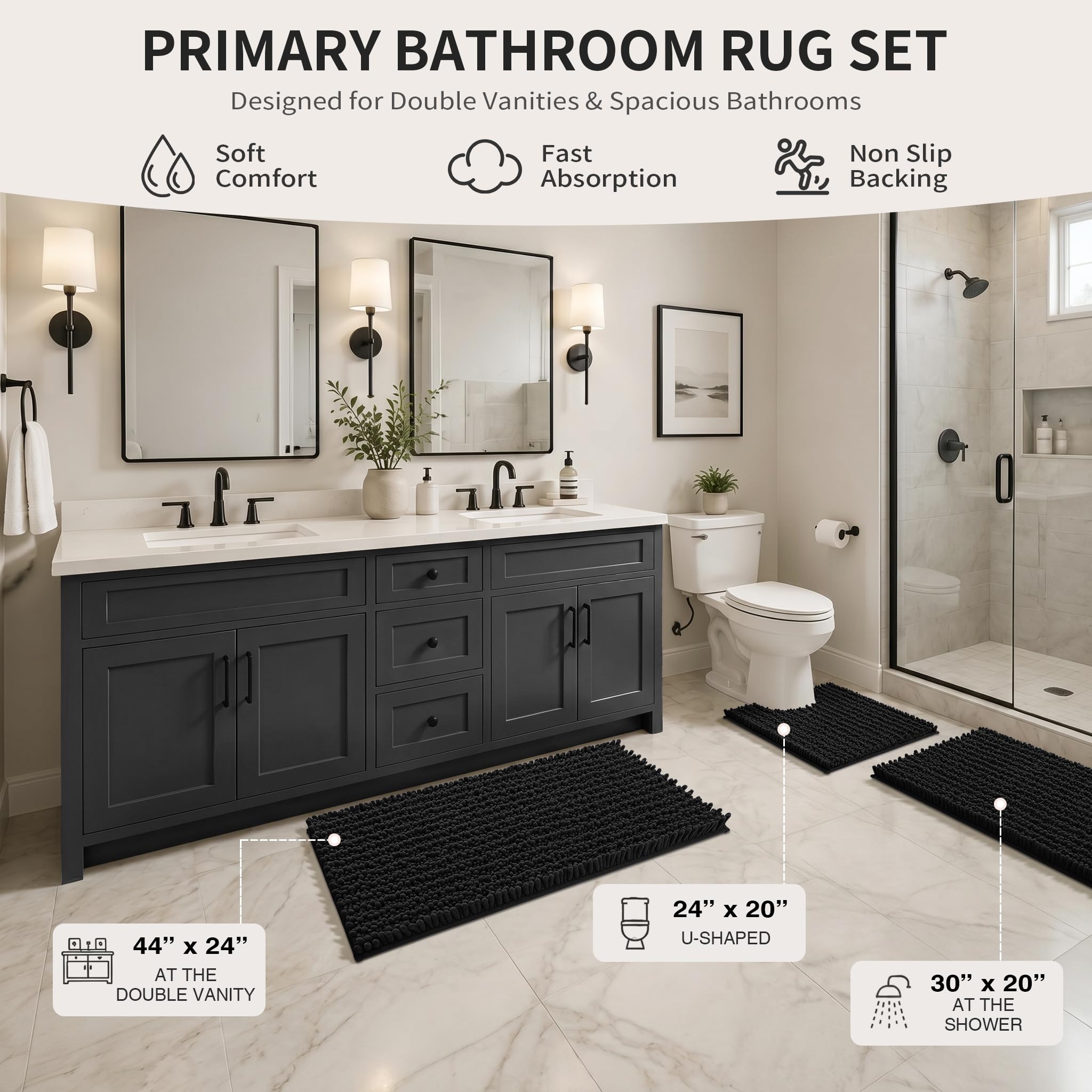 Yimobra Black Bathroom Rug Set 3 Piece - Super Absorbent Quick Dry Chenille Bath Mats & Toilet Rug, Non Slip Machine Washable, Extra Thick Shaggy Floor Mat for Shower Tub Sink