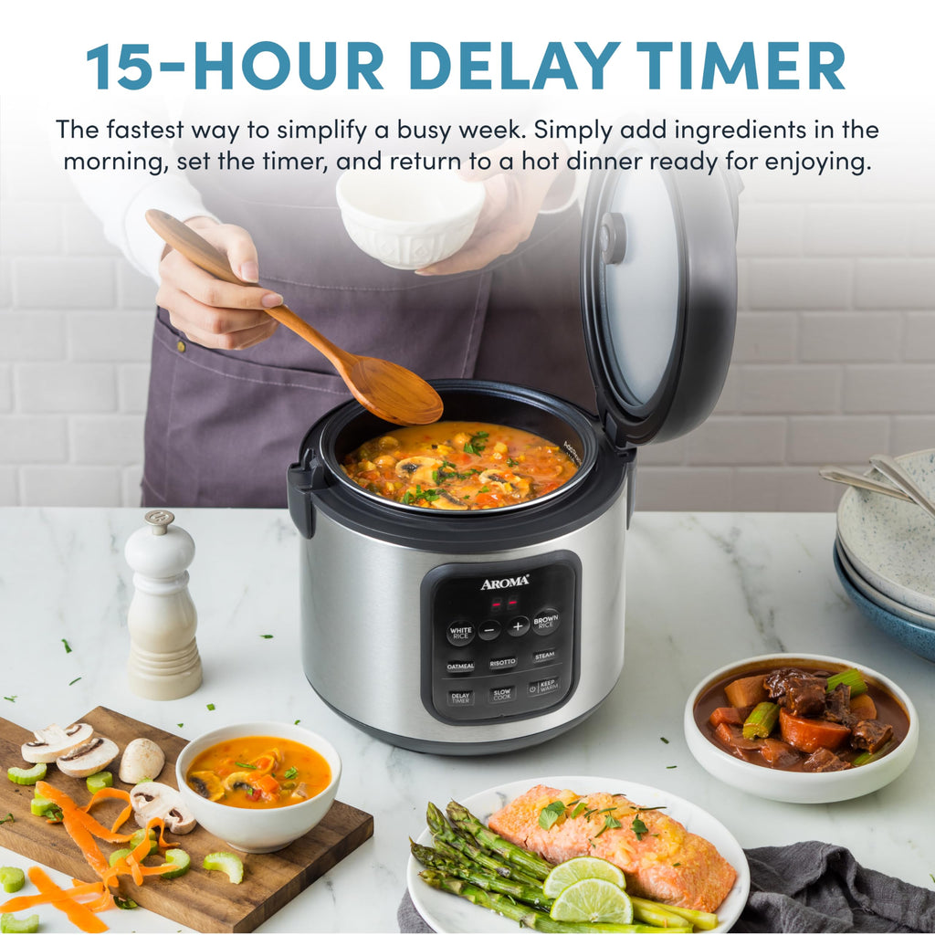 AROMA Digital Rice Cooker, 4-Cup (Uncooked) / 8-Cup (Cooked), 2 Qt, Steamer, Multicooker, Slow Cooker, Oatmeal Cooker, Auto Keep Warm, Stainless Steel Exterior