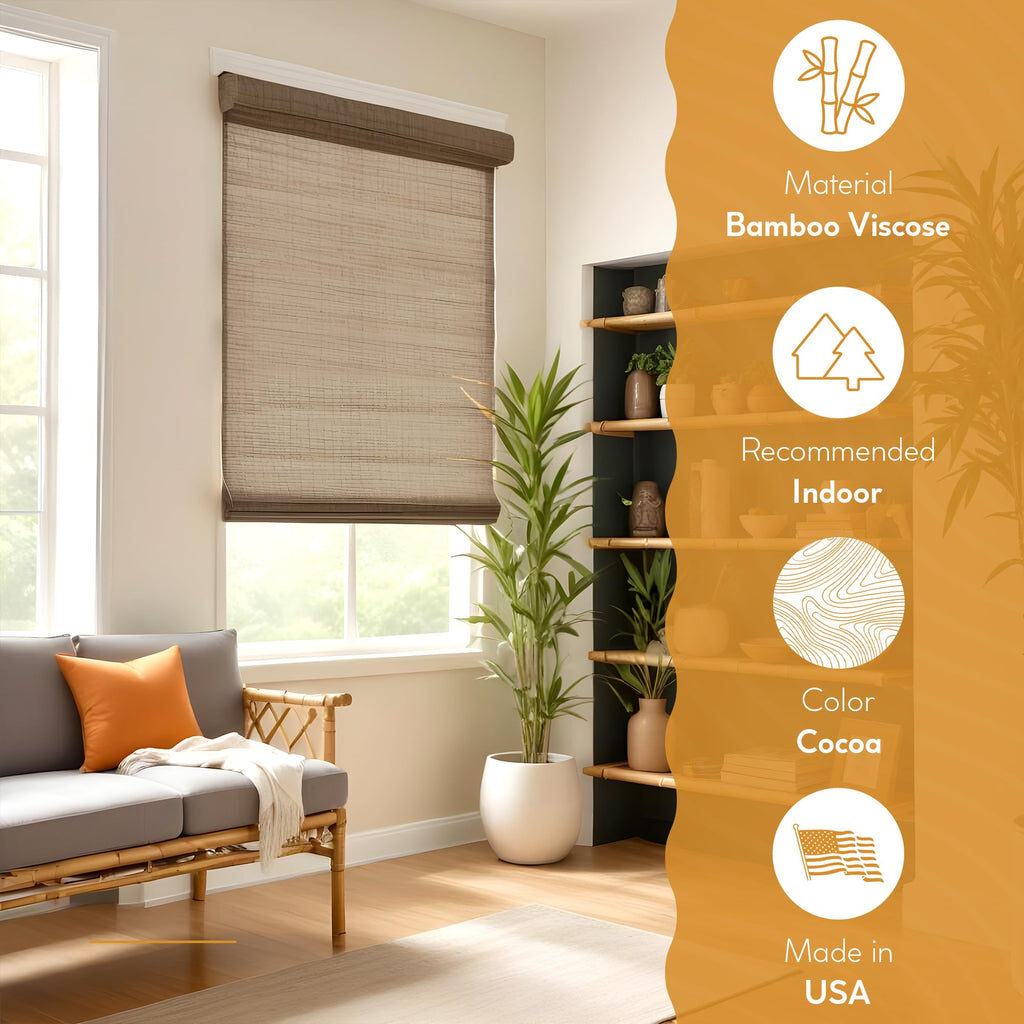 Radiance Cordless Bamboo Roman Shades for Windows - Flatstick Bamboo Blinds for Semi-Private Light Control - Easy to Lift & Fold Up Window Shades - Cocoa - 23 in. W x 64 in. L - (2216300E)