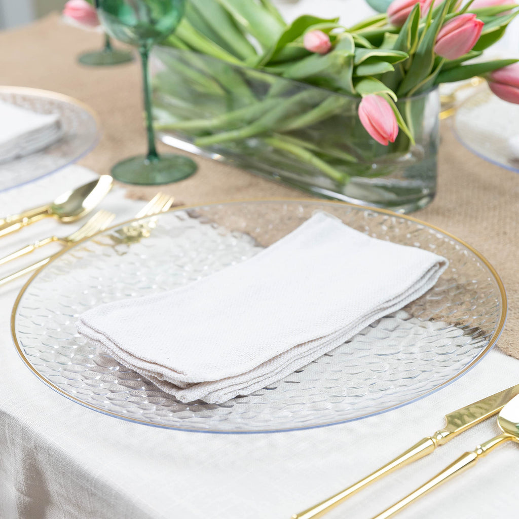 PARTY BARGAINS 13-Inch Charger Plates - 96 Pack, Clear Gold Rim, Heavy-Duty Disposable Chargers for Elegant Dining - Ideal for Weddings and Formal Events