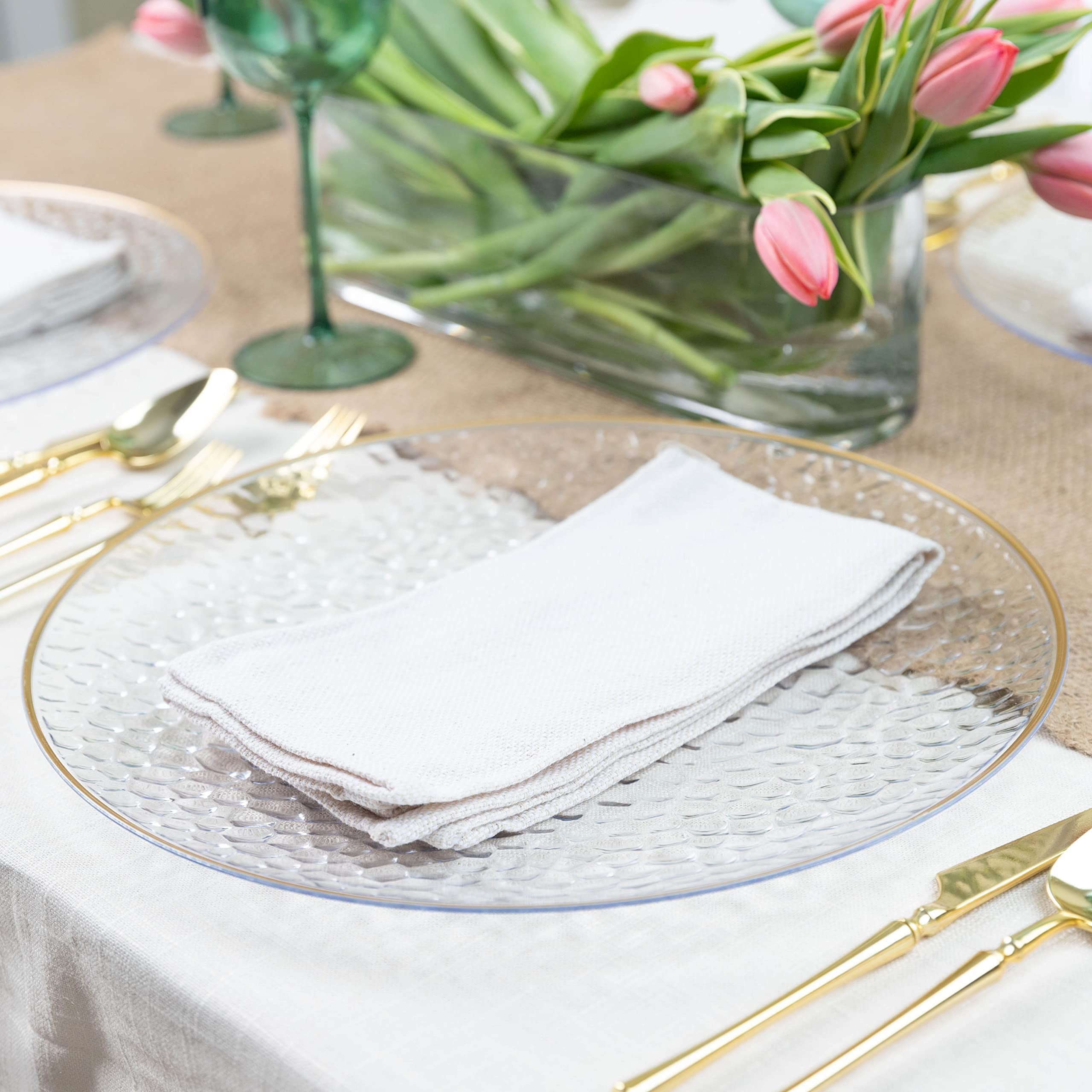 PARTY BARGAINS 13-Inch Charger Plates - 96 Pack, Clear Gold Rim, Heavy-Duty Disposable Chargers for Elegant Dining - Ideal for Weddings and Formal Events