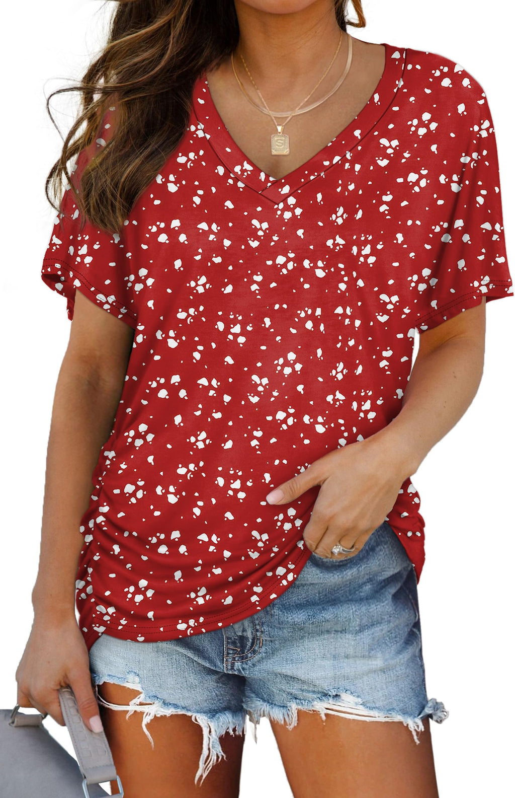 WIHOLL Womens Summer T-Shirts Short Sleeve V Neck Dolman Tops with Side Shirring Loose Fit Shirts Spring Fashion