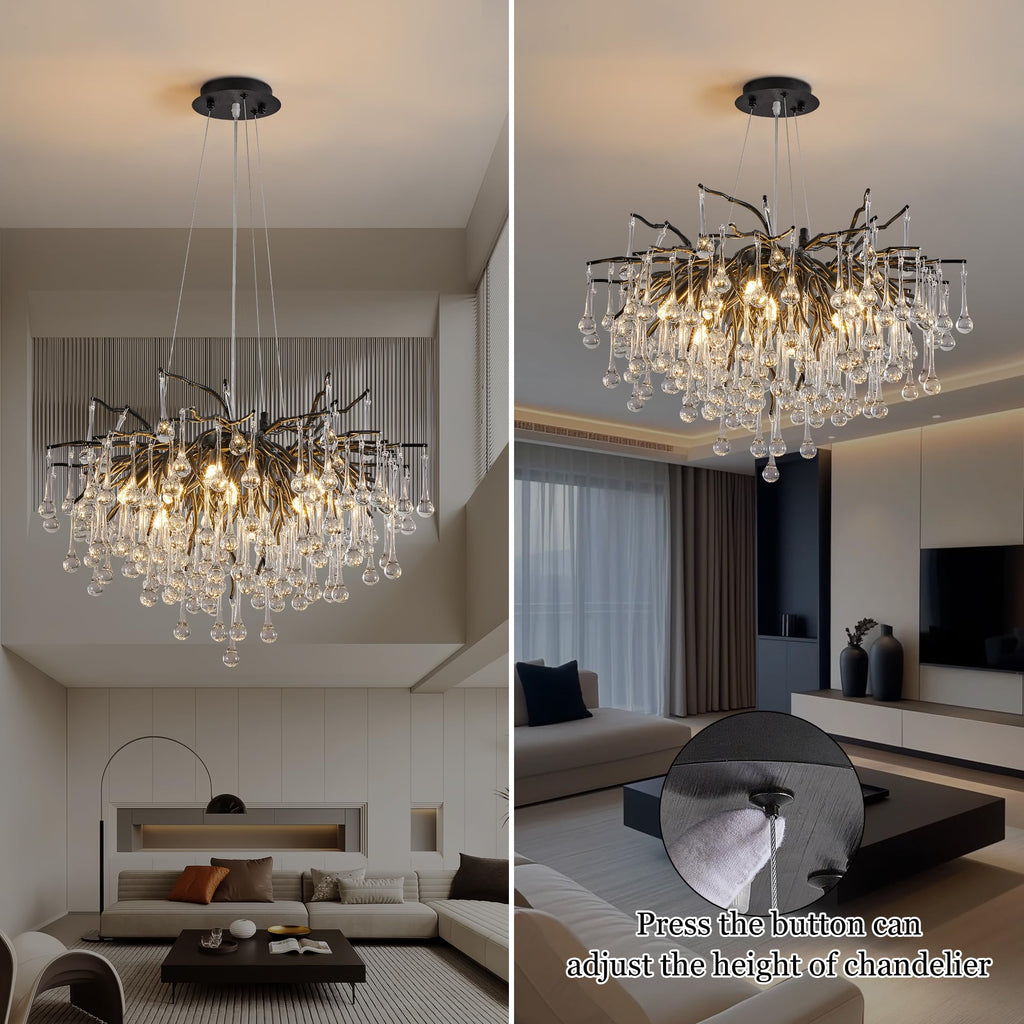 Modern Crystal Raindrop Chandelier, L40'' Black Linear Rectangle Art Deco Tree Branch Lighting Fixture for Kitchen Island Living Room Foyer Staircase 10 Lights