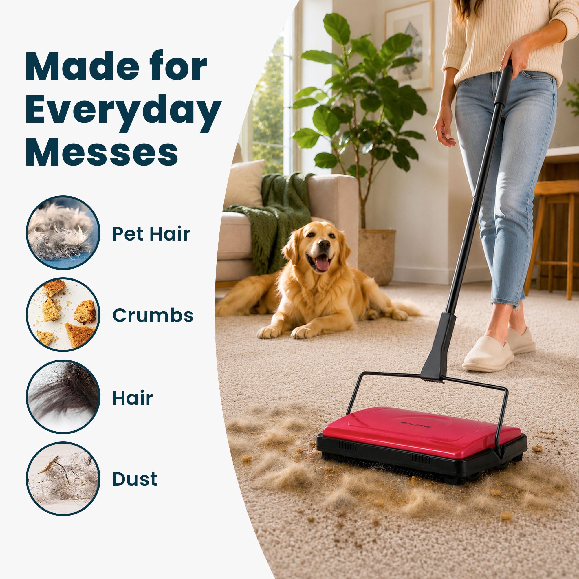 Alpine Manual Carpet Sweeper Triple Brush – Cordless Non Electric Multi-Surface Floor Brush Hardwood Floor Cleaner Easy Sweeping for Carpeted Floors (Improved Black)