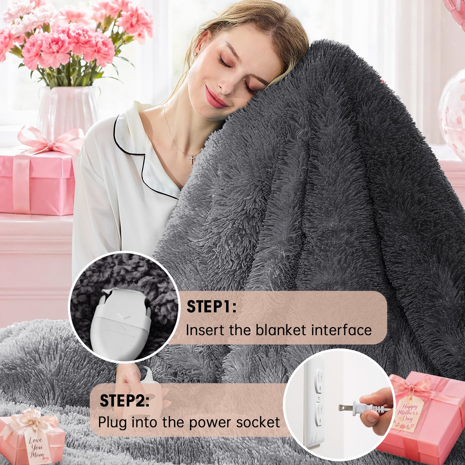 Heated Electric Blanket Queen–Faux Fur with Soft Thick SherpaWarm Winter Birthday Gifts for Women Grandma,Dual Control,10 Heat Settings,5 Time Settings, 84x90, Beige