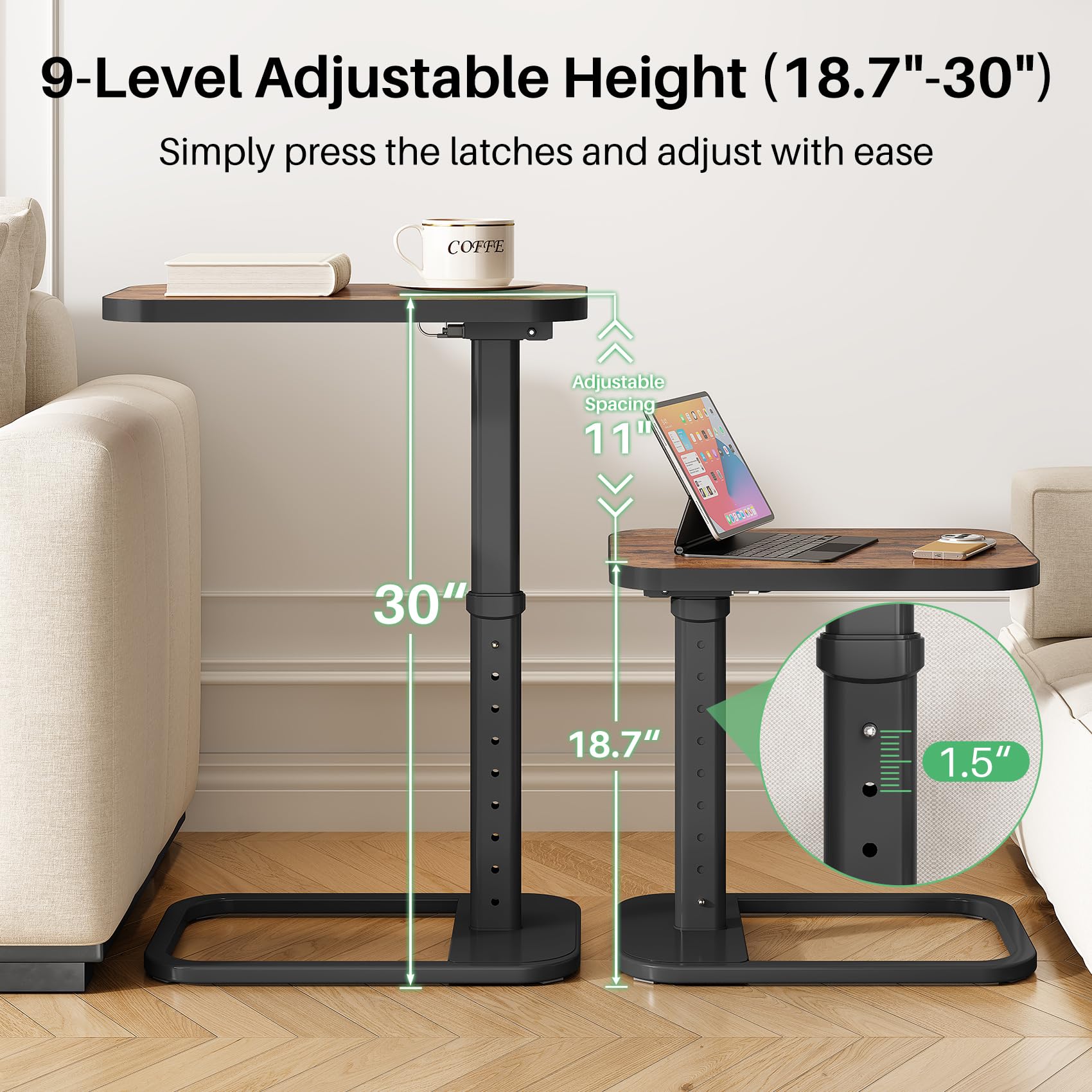 Kitstorack TV Tray Table, Adjustable Height & Rounded Metal Corners, Snack Table for Couch, Sofa, Bed, Chair, Living Room, C Shaped End Side Table for Eating, Dinner or Laptop, Small Spaces, Black