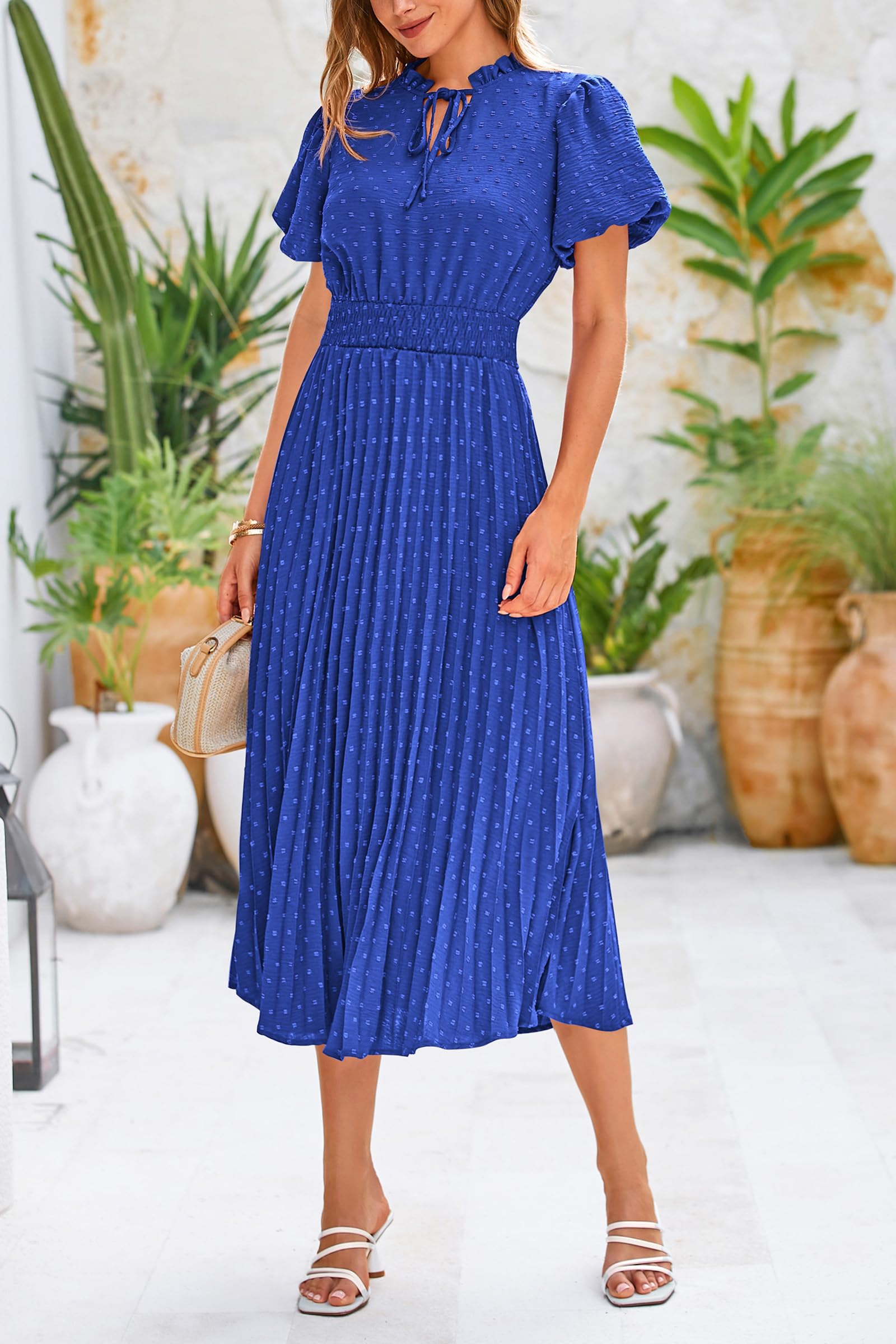 PRETTYGARDEN Womens Summer Midi Dresses Puff Short Sleeve V Neck Swiss Dot Pleated A Line Flowy Long Wedding Guest Dress