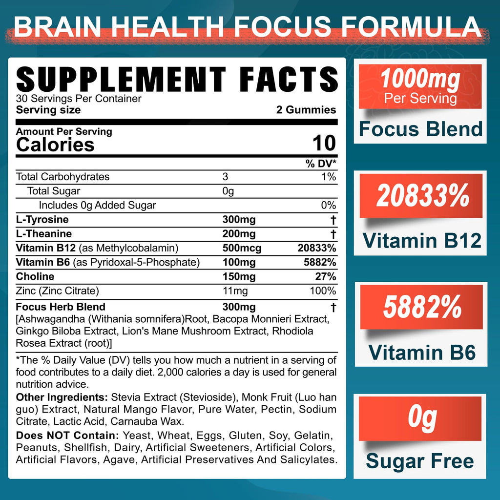 Sugar Free L-Tyrosine Gummies 300mg L-Theanine 200mg Vitamin B6 100mg & B12 500mcg, Brain Health Herbs 300mg w/Ginkgo Biloba, Rhodiola Rosea, Lion's Mane Mushroom for Sustained Focus & Energy, 1Pack