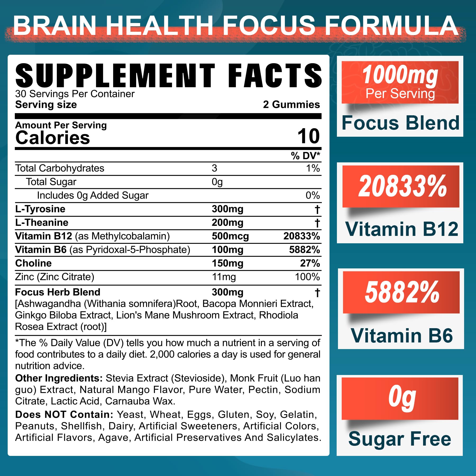 Sugar Free L-Tyrosine Gummies 300mg L-Theanine 200mg Vitamin B6 100mg & B12 500mcg, Brain Health Herbs 300mg w/Ginkgo Biloba, Rhodiola Rosea, Lion's Mane Mushroom for Sustained Focus & Energy, 1Pack