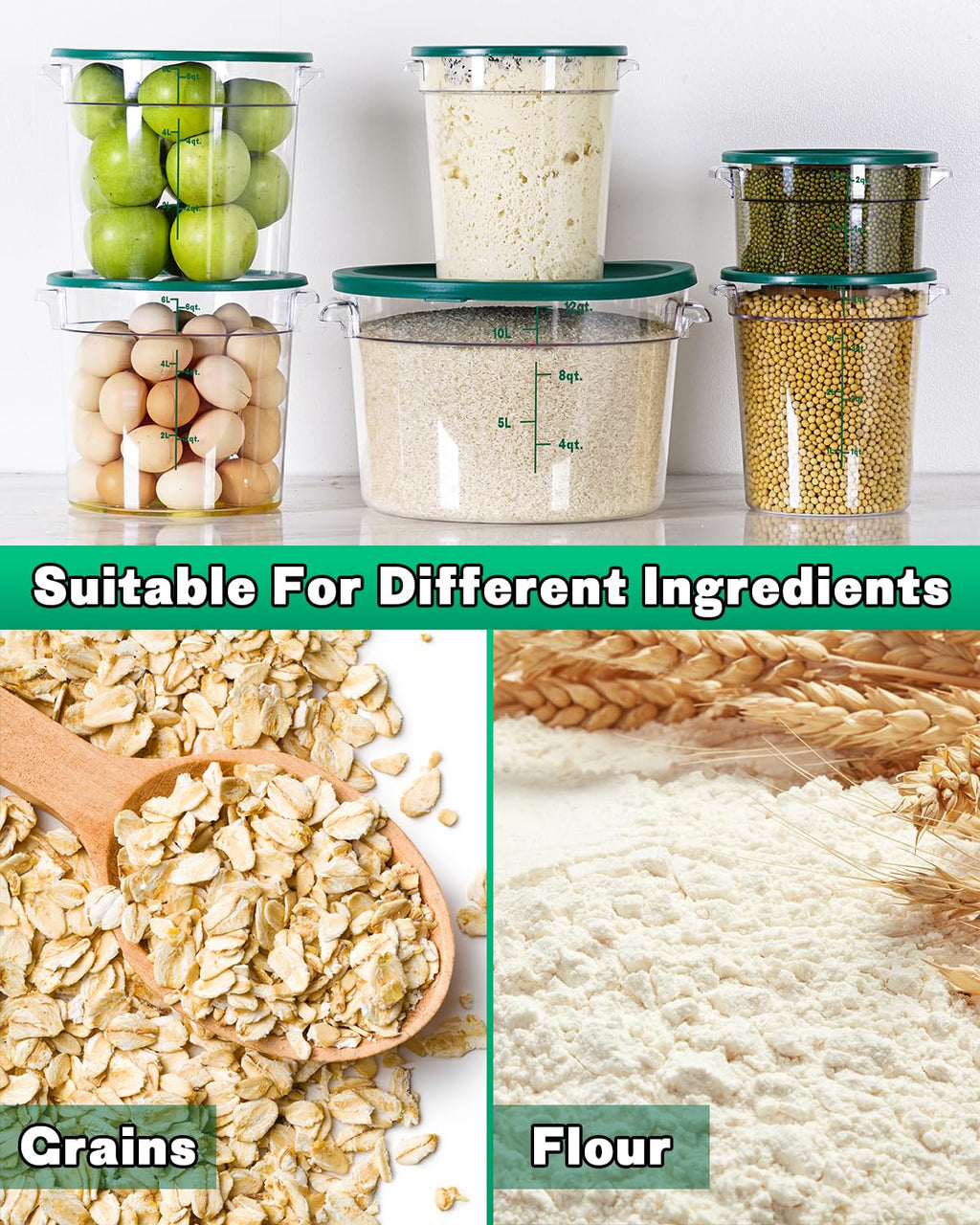 4QT NSF Food Storage Containers: 8 PCS [Food Grade][Hot&Cold Resistant] Commercial Clear Food Storage Containers with Lids for Restaurant Kitchen Proof Dough, Measuring Spoons Included(BPA FREE)
