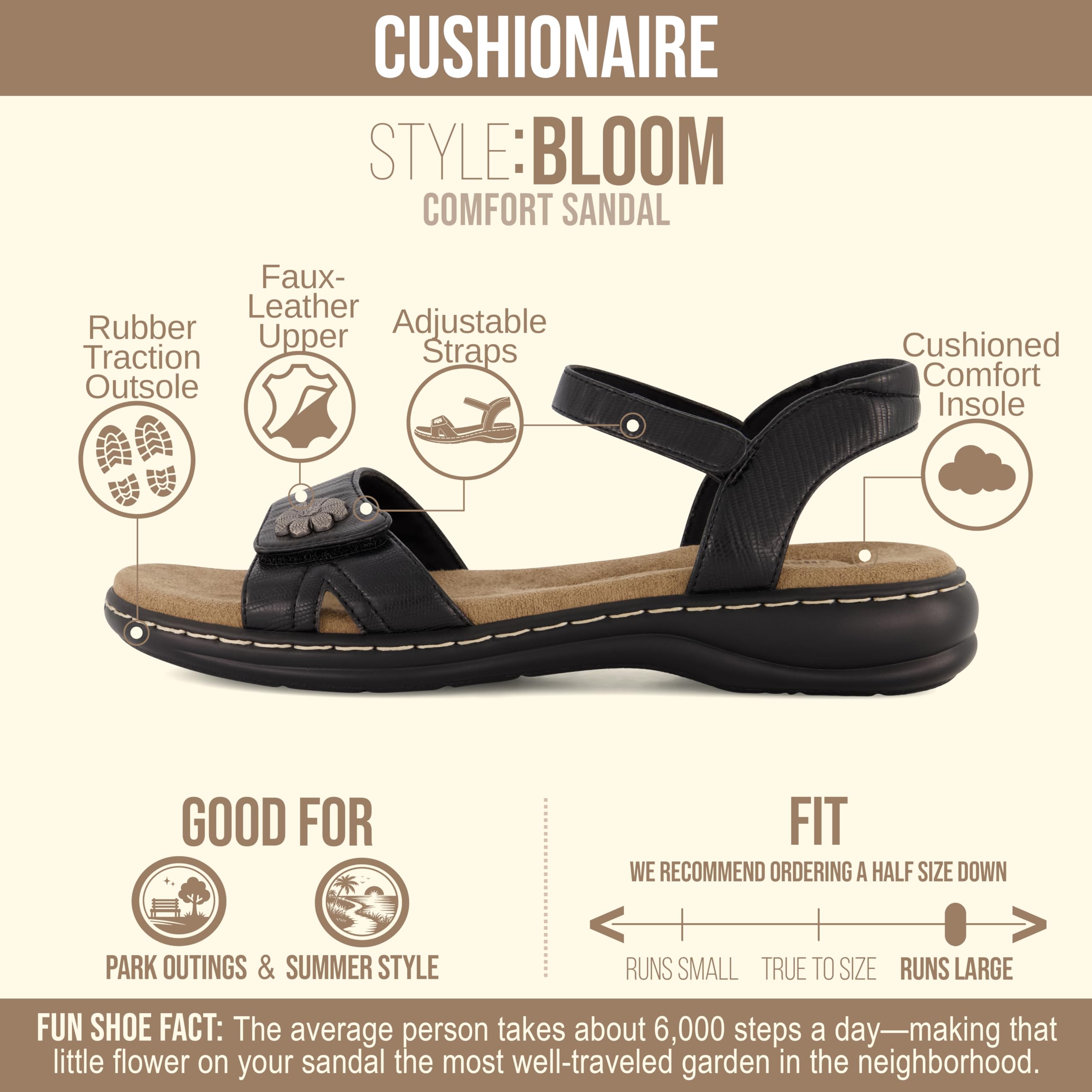 CUSHIONAIRE Bloom Comfortable Dressy Womens Sandals with Arch Support, Adjustable Straps, and Memory Foam Footbed.