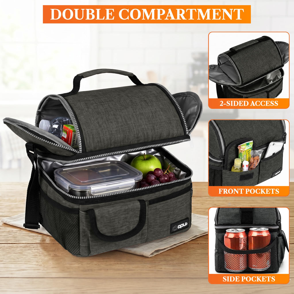 opux Insulated Lunch Bag Women Men, Dual Compartment Leakproof Lunch Box Adults Kids, Double Decker Meal Prep Bento Lunch Cooler Tote with Shoulder Strap for Work Office School Travel, Black