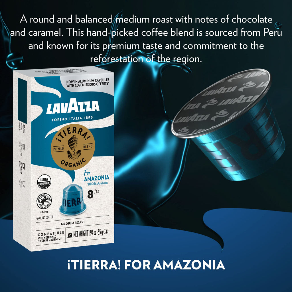 Lavazza TIERRA PLANET USDA ORGANIC Espresso Aluminum Capsules Compatible with Nespresso Original Machines, 10 Count, Medium Roast, 100% Arabica, Intensity 7 of 13