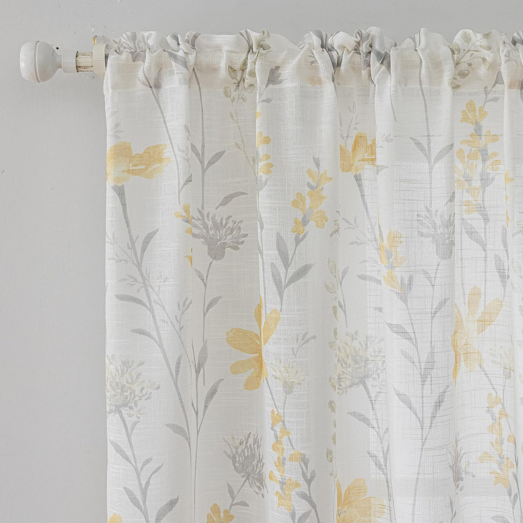 SUOUO Blue Leaf Semi Sheer White Curtains for Bedroom Dining Living Room Linen Textured 84 inches Long Rod Pocket Boho Window Drapes 2 Panels