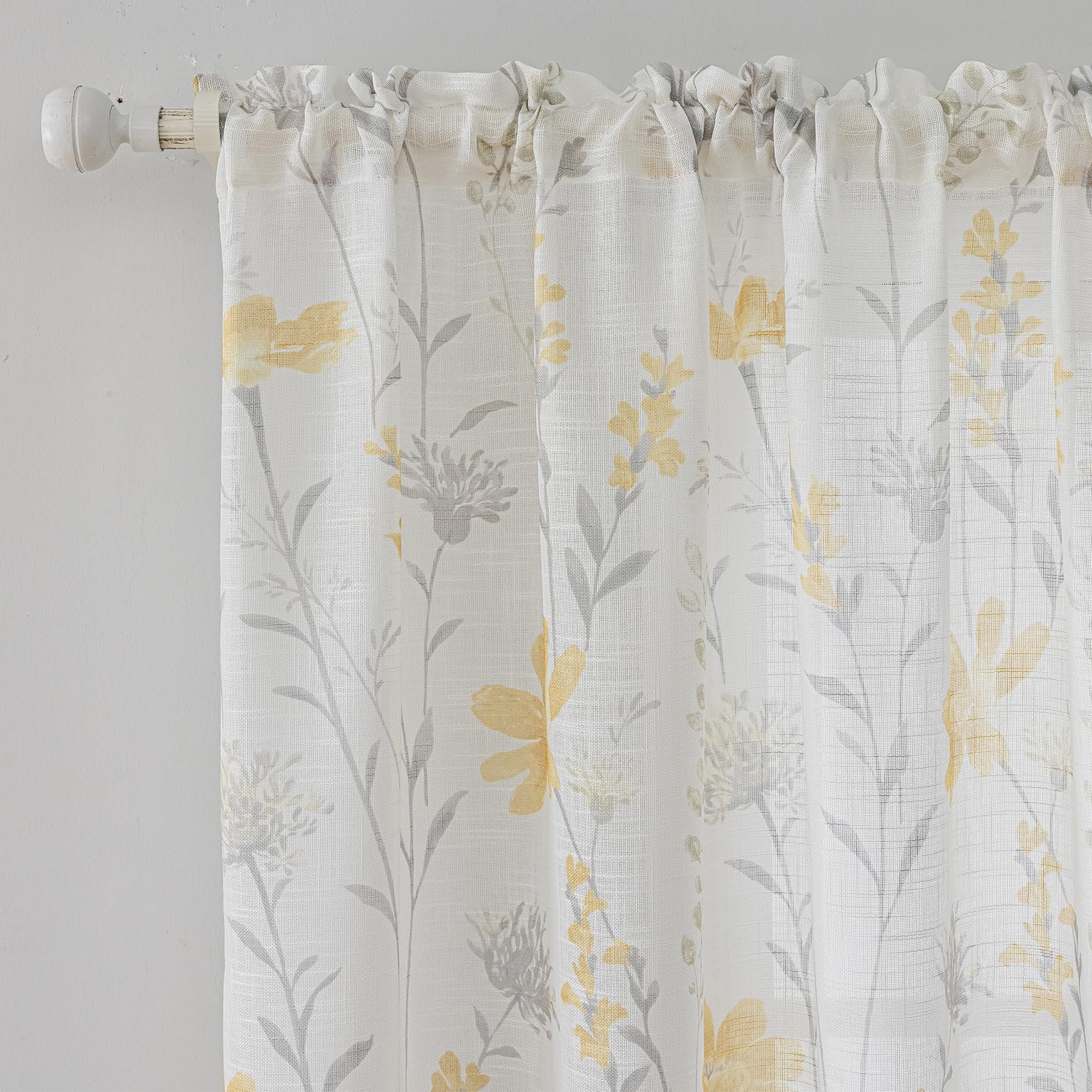 SUOUO Blue Leaf Semi Sheer White Curtains for Bedroom Dining Living Room Linen Textured 84 inches Long Rod Pocket Boho Window Drapes 2 Panels