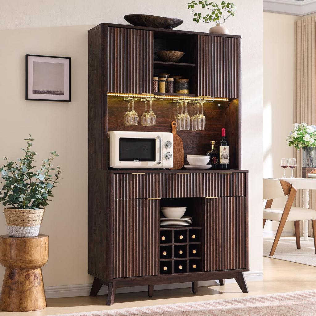 OKD 72" Tall Fluted Coffee Bar Cabinet with Ample Storage, Modern Buffet Sideboard with Glass Holder/Wine Rack/Led Lights/Charging Station, Wine Cabinet for Kitchen, Dining Room, Home Bar, Dark Walnut