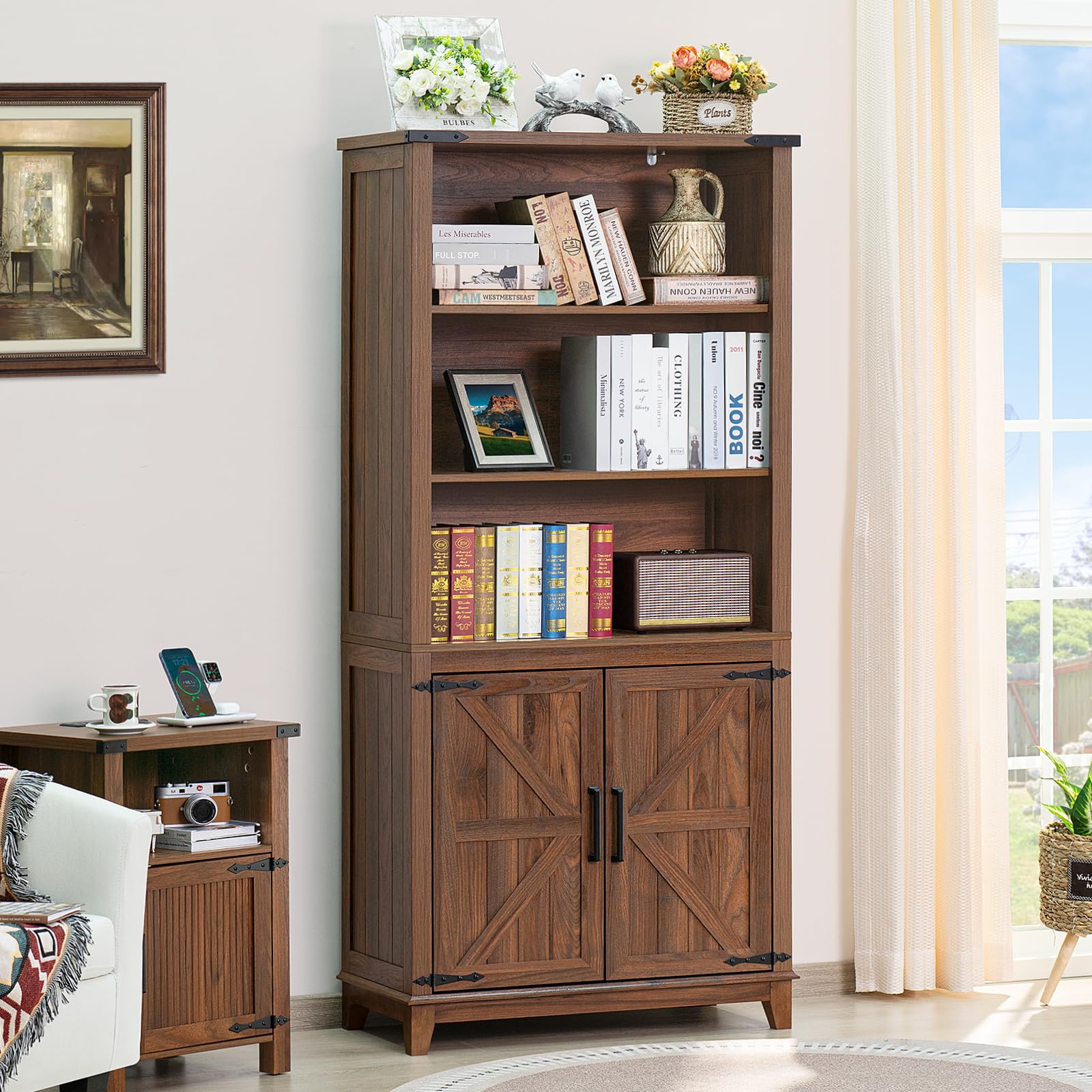 Joaxswe 70in Tall Bookshelf 5 Tier Bookcase with Barn Doors and Adjustable Shelves, Black Farmhouse Book Shelf with Storage Cabinet, Wood Freestanding Display Bookshelves for Bedroom, Living Room