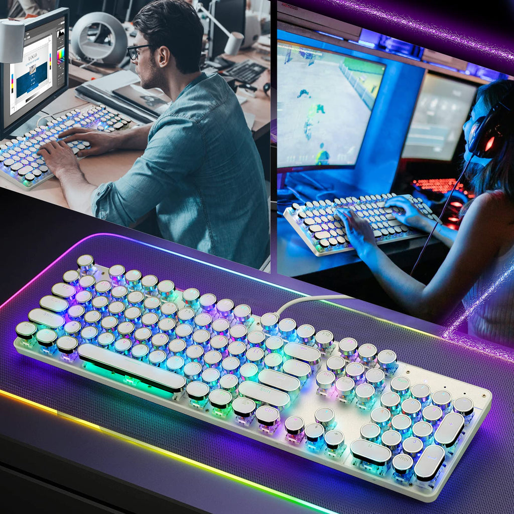 YSCP Typewriter Style Mechanical Gaming Keyboard RGB Backlit Wired with Blue Switch Retro Round Keycap 104 Keys Keyboard (R-Black)