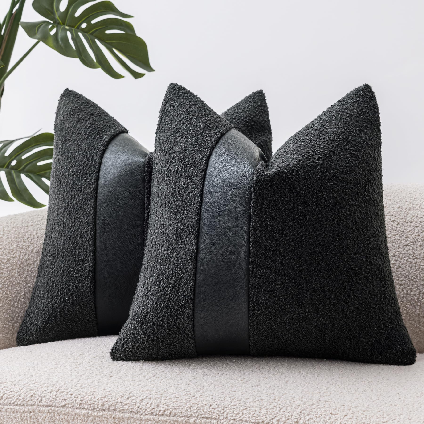 18"x18" Charcoal Black Boucle Throw Pillow Covers with Faux Leather Accents Set of 2 Fluffy Textured Decorative Pillow Cases for Couch Bed Boho Farmhouse Square Cushion Covers for Nordic Home