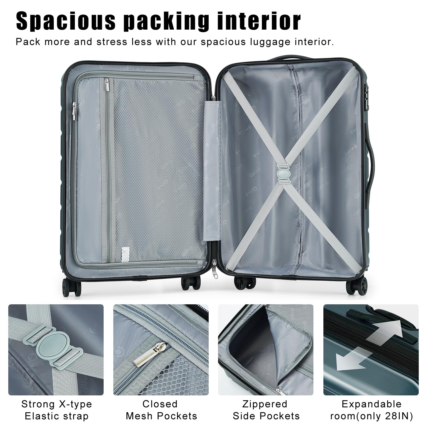 Coolife Luggage Suitcase Carry-on Spinner TSA Lock USB Port Expandable (only 28’’) Lightweight Hardside Luggage (Teal Blue, S(20in_carry on))