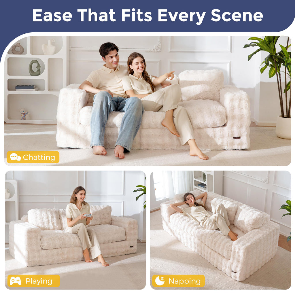 MAXYOYO 3 Seater Sofa Couch for Living Room, Tufted Boneless Couch Sofa Couch, Comfy Bubbled Bean Bag Chair for Apartment, No Assembly Needed, Beige