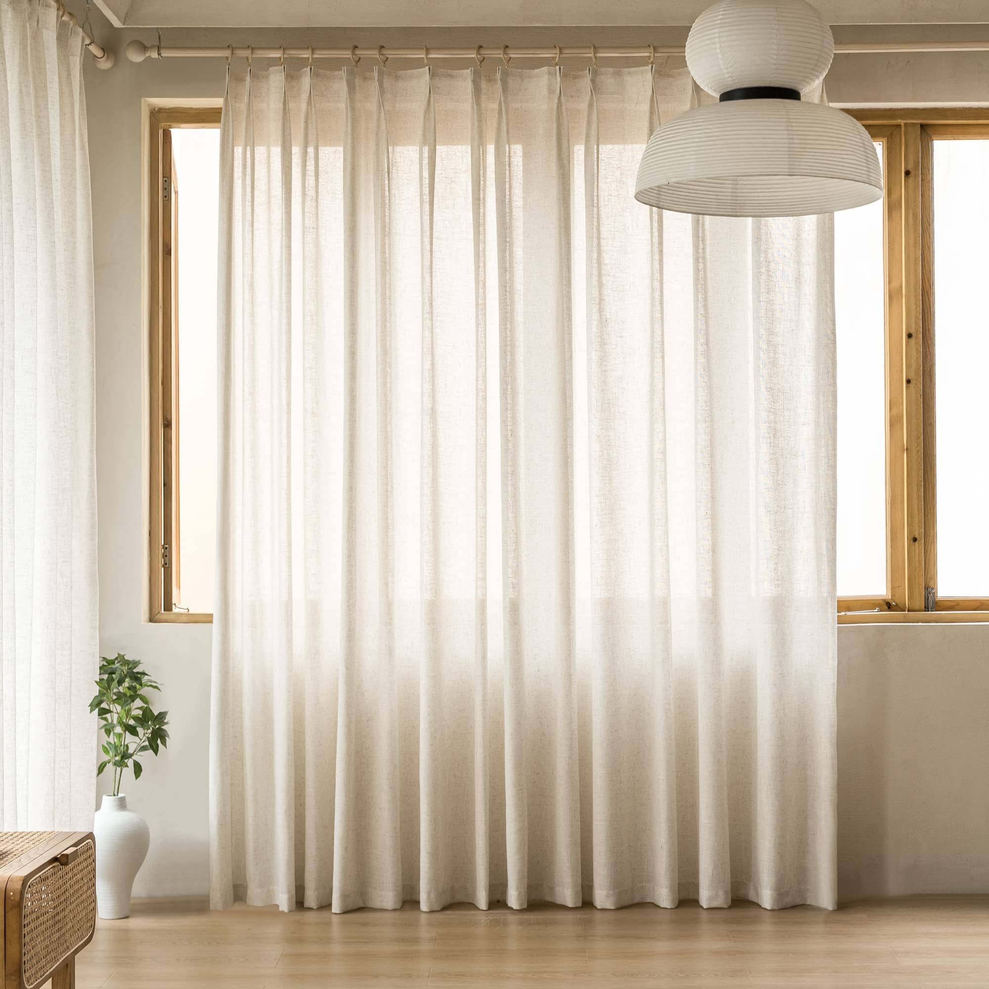 MAIHER Linen Textured Pleated Curtains 63 Inches Long for Living Room, Light Filtering Pinch Pleat Semi Sheer Drapes Curtains with Tieback and Hooks, Natural Linen (1 Panel, 54" W x 63" L)