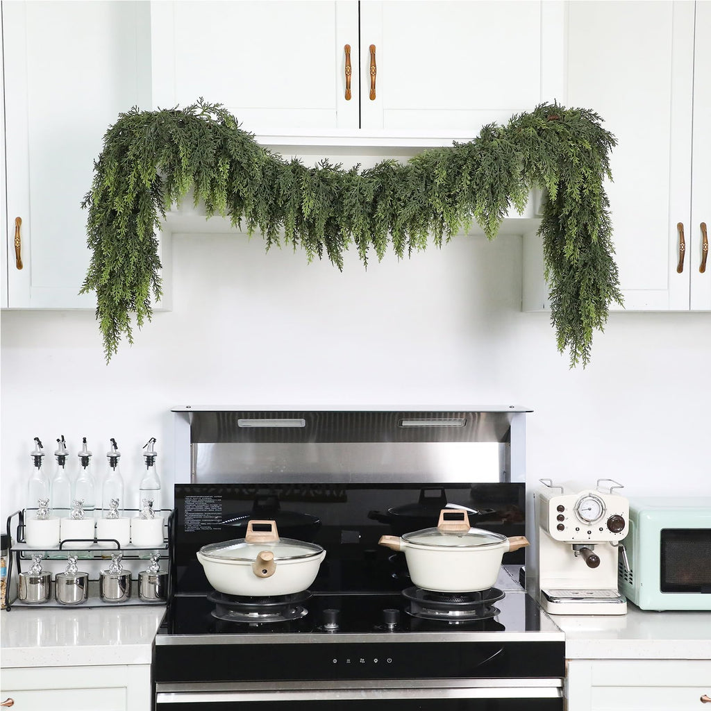 Waydress 1 Pcs 6 Feet Christmas Cedar Garland - Thick & Lush Realistic Artificial Green Faux Cedar Pine Needles Garland for Christmas Winter Home Mantel Fireplace Holiday Party Decor
