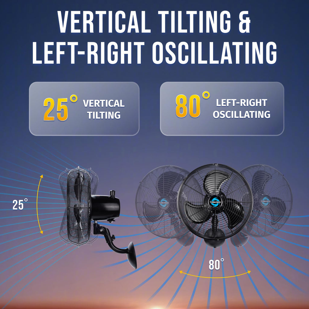 Tornado 16 Inch Professional High-Velocity Oscillating Wall-Mounted Fan – Ideal for Industrial, Commercial, and Residential Spaces – 3-Speed Settings, 2850 CFM, UL Safety Certified