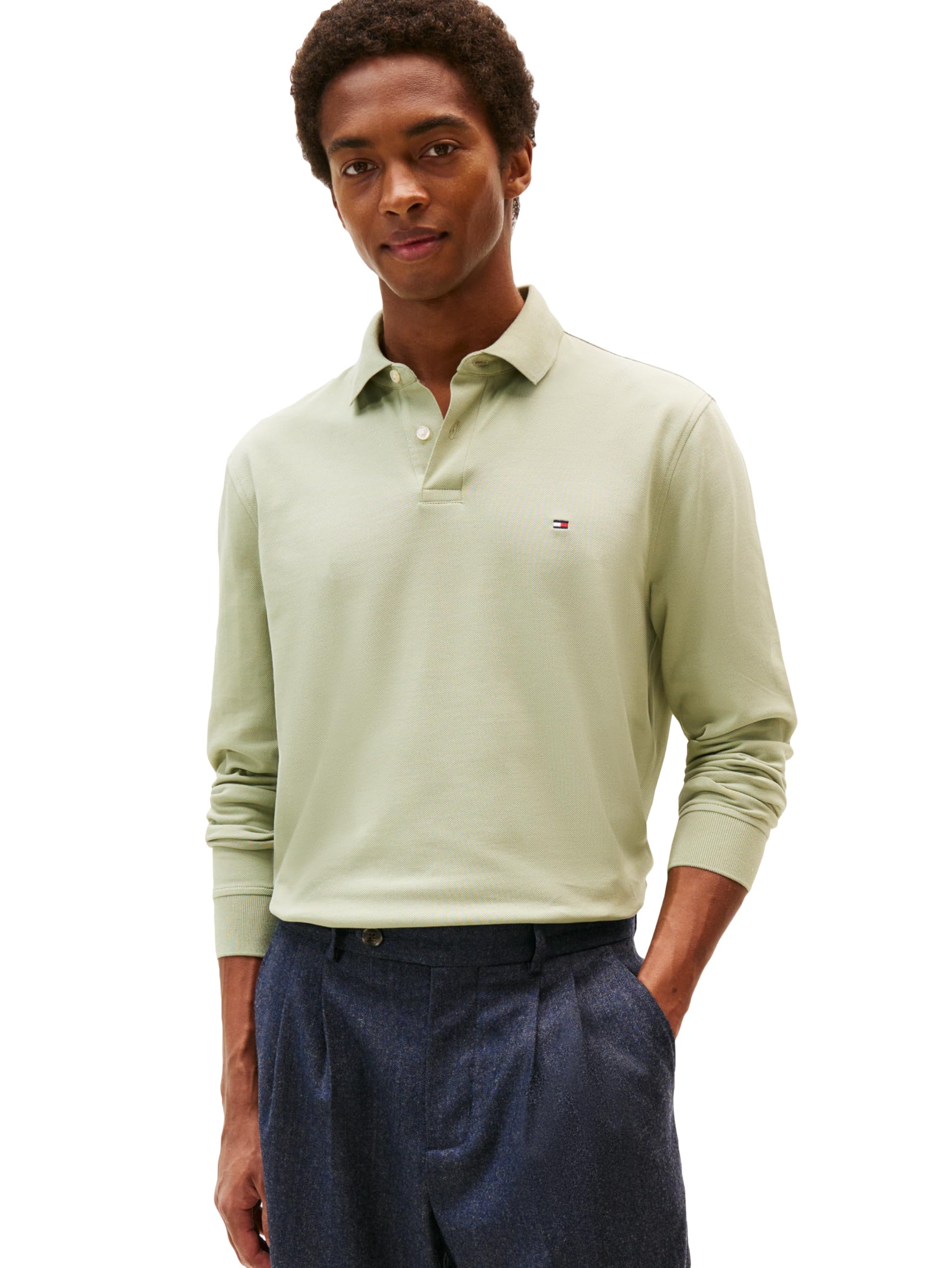 Tommy Hilfiger Men's Long Sleeve Polo Shirts in Regular Fit with Stretch and Organic Pique Cotton