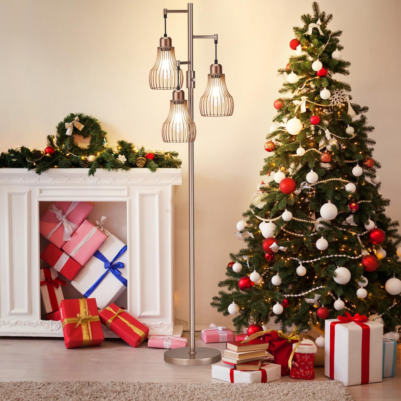Ziisee Dimmable Floor Lamps for Living Room, Industrial Tree Standing Tall Lamps with 3 Elegant Cage Shade & 800 Lumens LED Bulbs for Bedroom Office - Brown