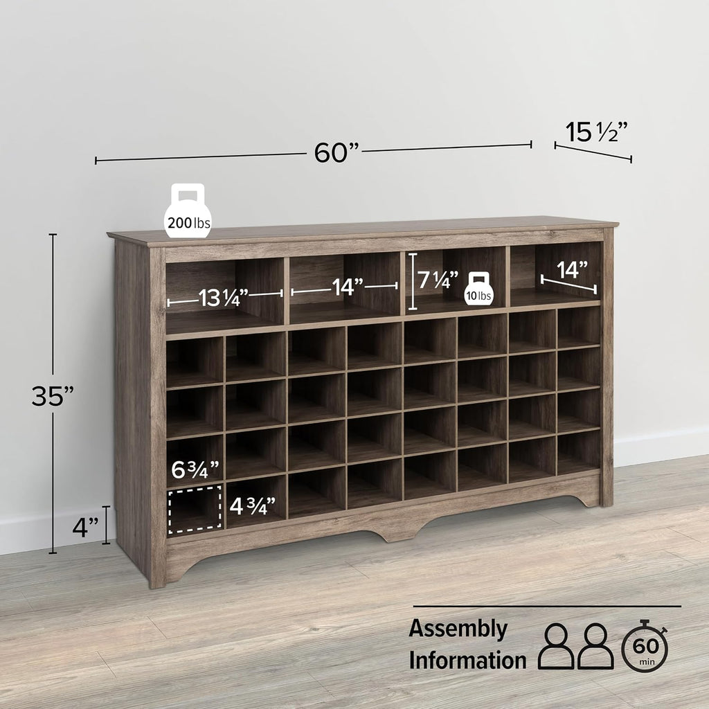 Prepac Gray Console Table, Shoe Cabinet, Storage Cabinet with 32 Shoe Cubbies and 4 Large Storage Cubbies 15.5" D x 60" W x 35" H