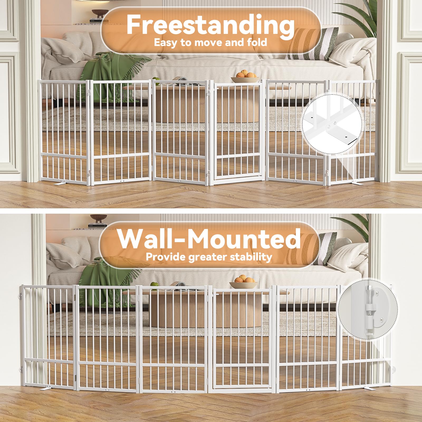 SNUOWU Full Metal Freestanding Dog Gate with Door, 24'' Height Foldable Pet Dog Fence for Indoor & Outdoor, 2 Panels Extra Wide Free Standing SmallDog Gates for Doorways,House,Stairs,Porch,Deck,Yard