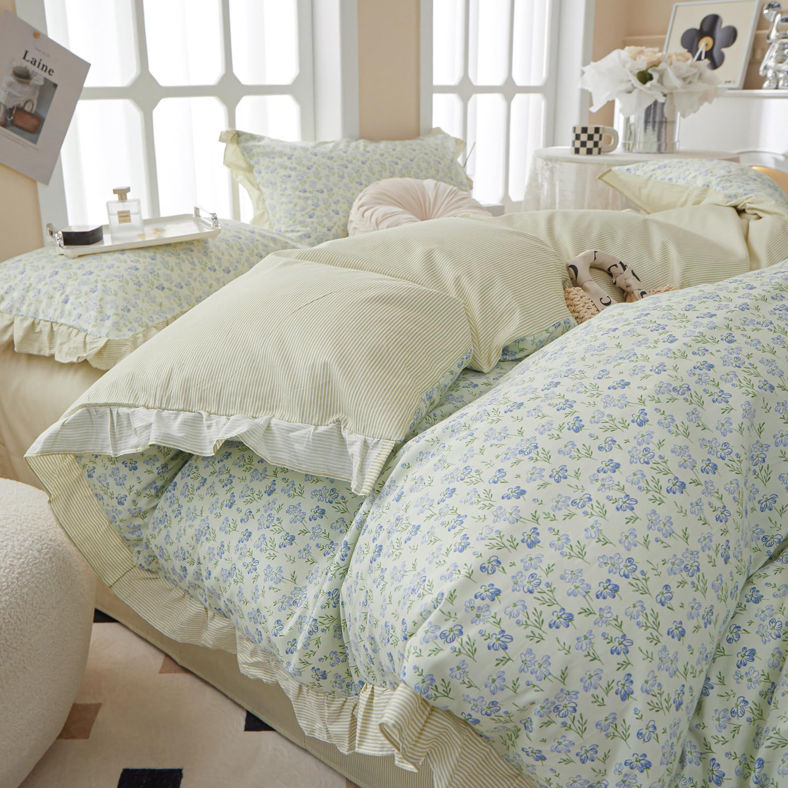 Pink Flower Duvet Cover Twin Chic Floral Print Ruffle Duvet Cover Cotton Lace Comforter Cover Country Style Floral Bedding Set Romantic Ruffle Comforter Cover Flower Bedding Cover with 2 Pillowcases