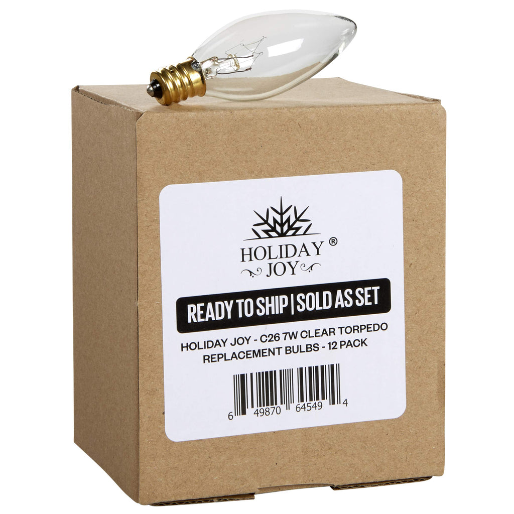 Holiday Joy C26 Christmas Crystal Clear Torpedo Tip Candelabra Replacement Night Light Bulbs - 7 Watt - 120 Volts - E12 (12 Pack) - Great for Electric Window Candle Light Bulbs Lamps
