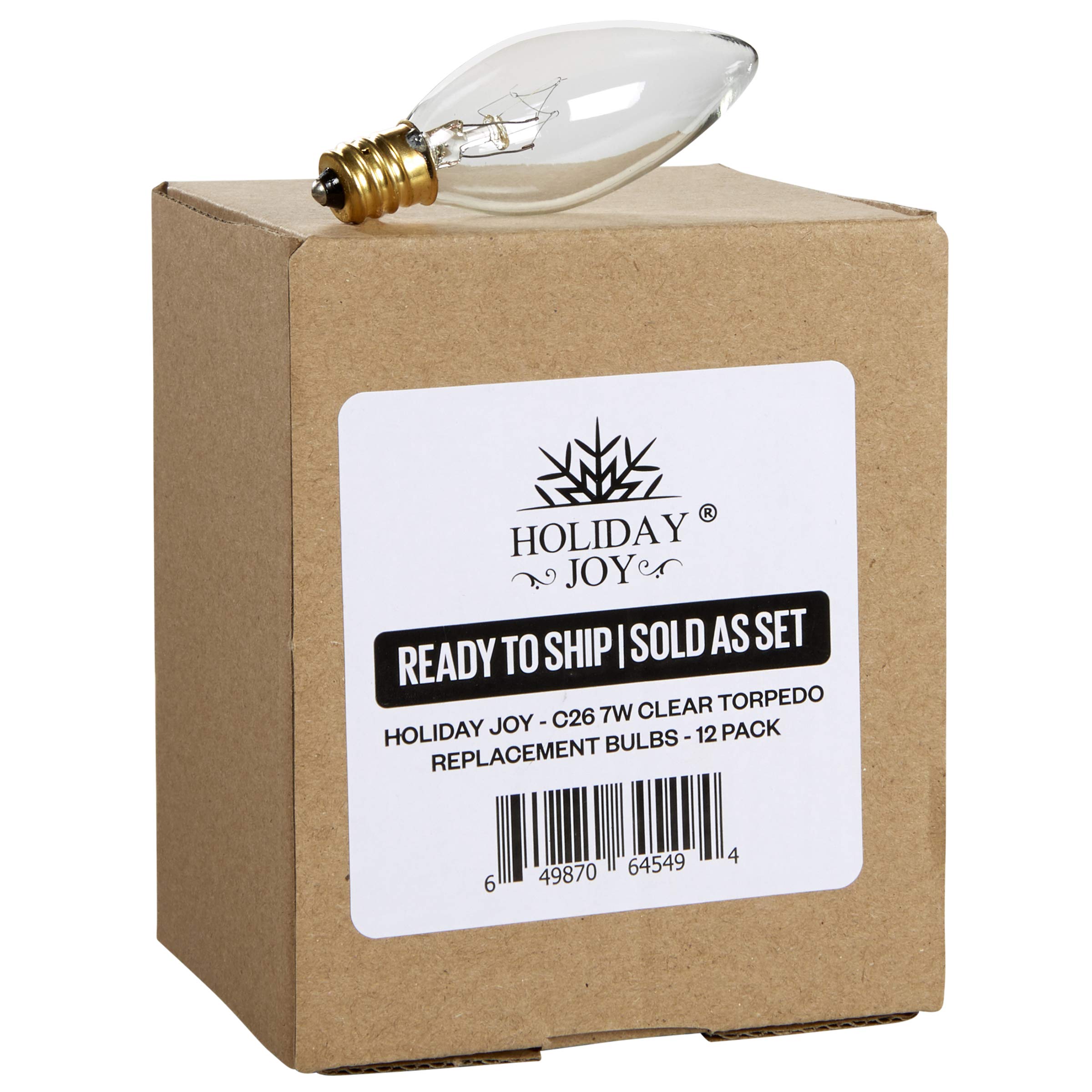 Holiday Joy C26 Christmas Crystal Clear Torpedo Tip Candelabra Replacement Night Light Bulbs - 7 Watt - 120 Volts - E12 (12 Pack) - Great for Electric Window Candle Light Bulbs Lamps