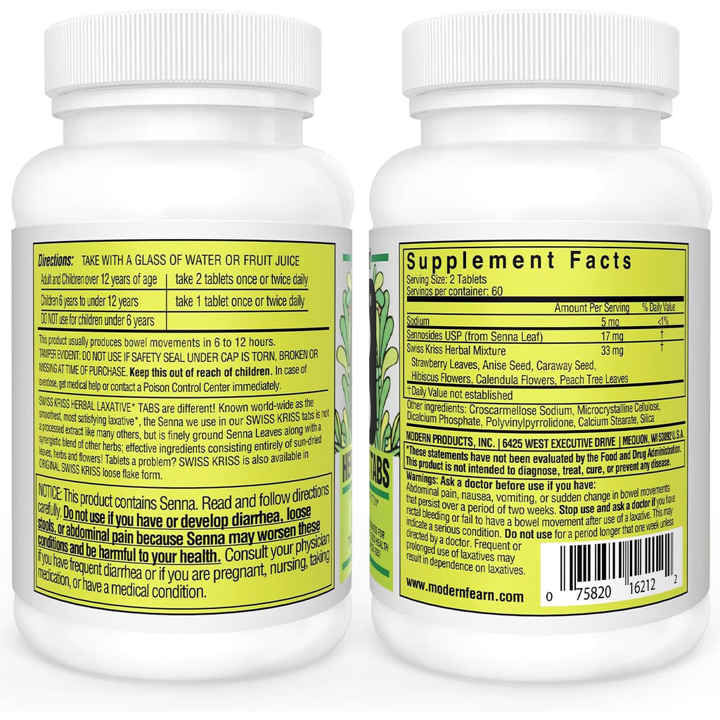 Swiss Kriss Herbal Laxative Tablets, Gentle & Natural Laxatives for Constipation Relief for Adults & Children Over Age 6, Works in 6-12 Hours, Senna Laxative, 120 Tablets Total