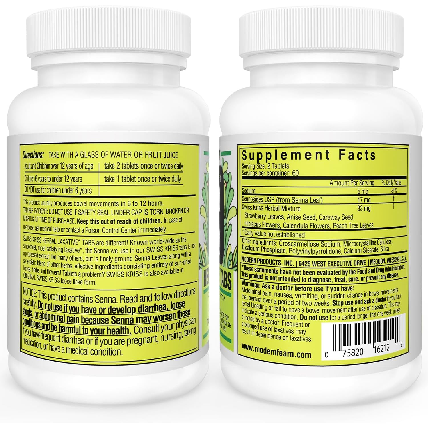 Swiss Kriss Herbal Laxative Tablets, Gentle & Natural Laxatives for Constipation Relief for Adults & Children Over Age 6, Works in 6-12 Hours, Senna Laxative, 120 Tablets Total