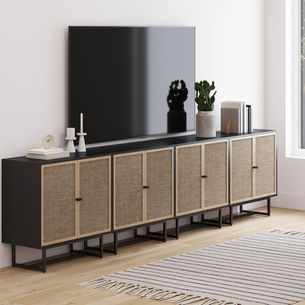 Nathan James Kova Rattan Wood Accent Sideboard Storage Cabinet with Matte Metal Frame, Adjustable Interior Shelves and Cane Doors, for Hallway, Entryway or Living Room, Black Oak/Cane