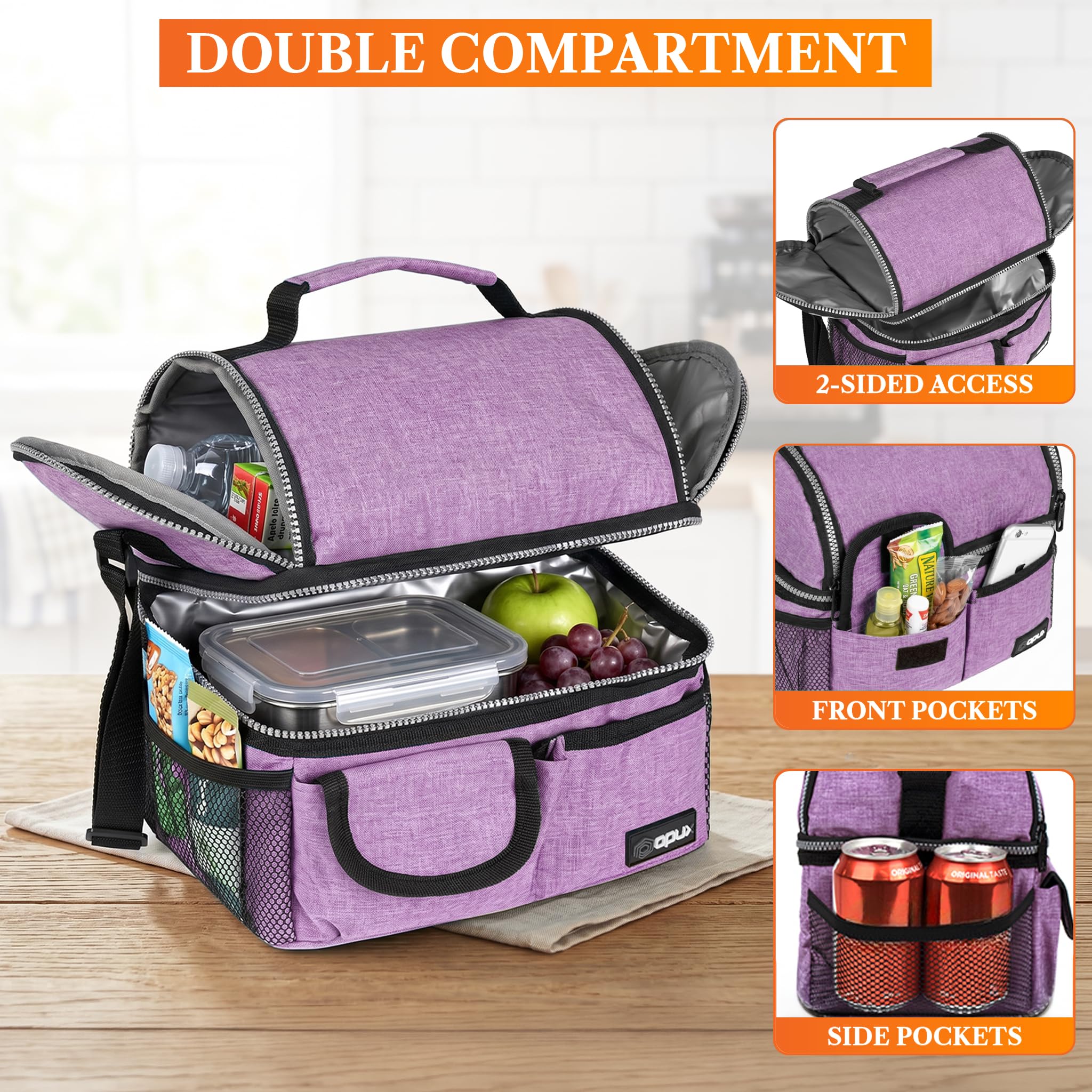 opux Insulated Lunch Bag Women Men, Dual Compartment Leakproof Lunch Box Adults Kids, Double Decker Meal Prep Bento Lunch Cooler Tote with Shoulder Strap for Work Office School Travel, Black