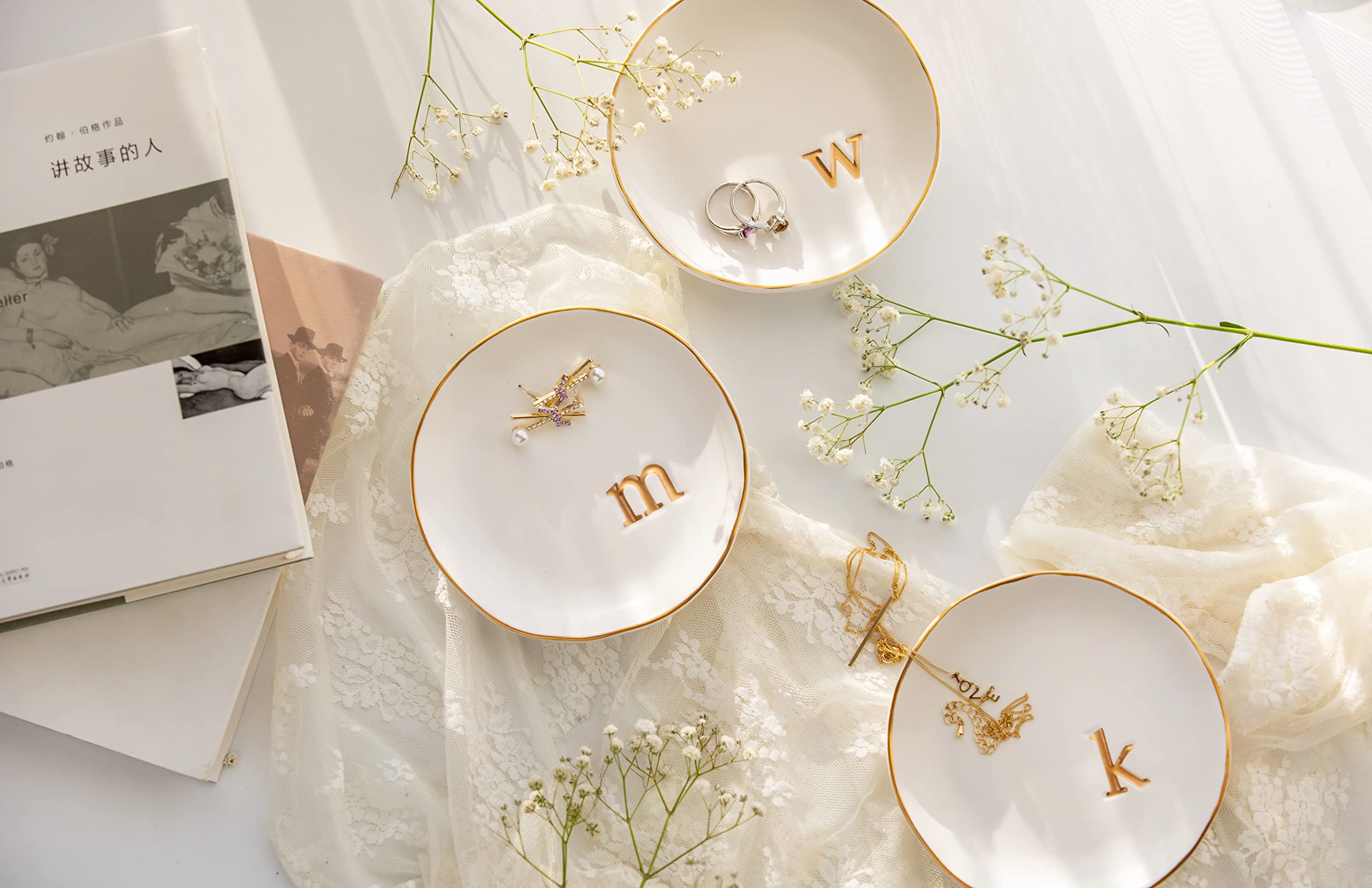 COLLECTIVE HOME - Ceramic Jewelry Tray, Decorative Trinket Dish for Rings Earrings Necklaces Bracelet Watch Keys, Birthday Mother's Day Christmas Gift for Women, 4.75", White Surface (A)