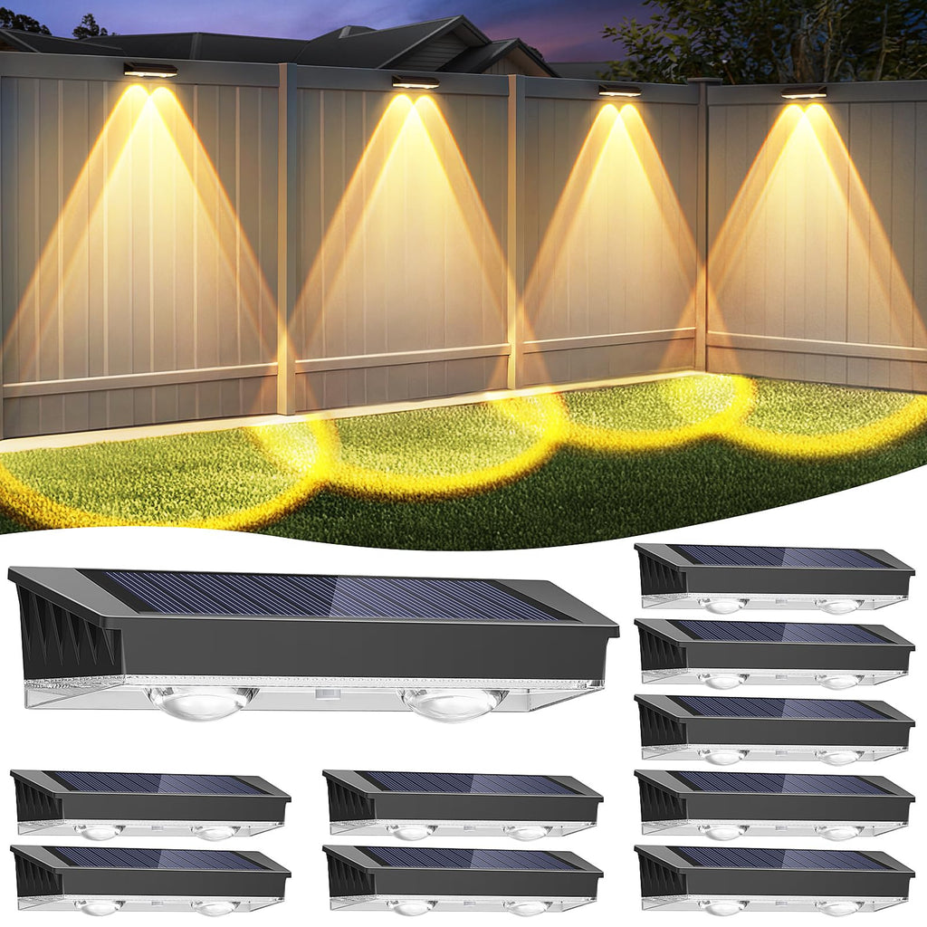 Solar Fence Lights Outdoor, 2 Pack Warm/Neutual/Cool White Fence Solar Lights with 2 LED, IP65 Waterproof, Backyard Patio Decor for Deck, Wall, Railing, Pool, Stair