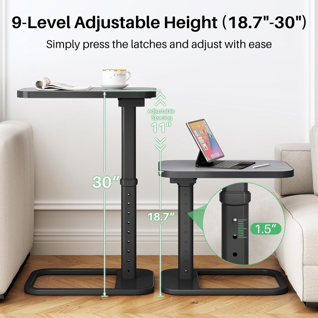 Kitstorack TV Tray Table, Adjustable Height & Rounded Metal Corners, Snack Table for Couch, Sofa, Bed, Chair, Living Room, C Shaped End Side Table for Eating, Dinner or Laptop, Small Spaces, Black