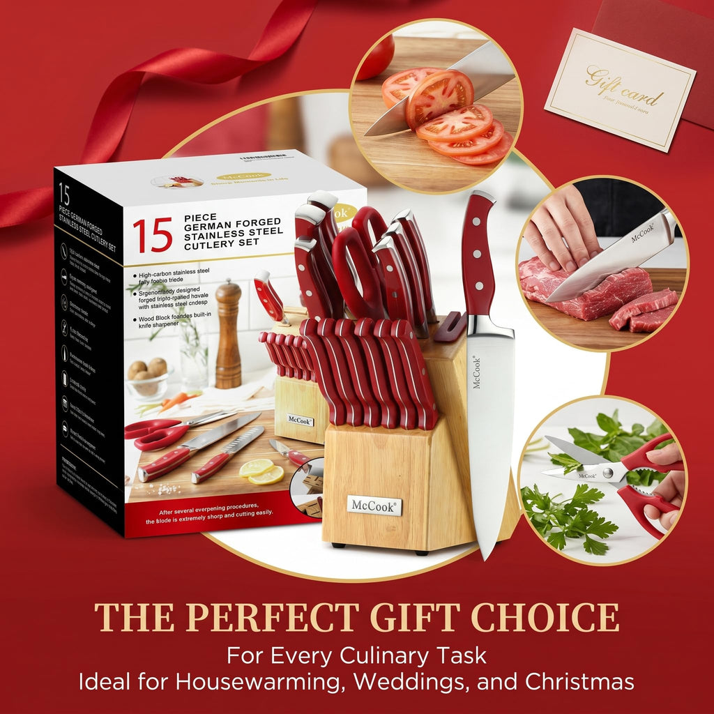 McCook® Knife Sets,German Stainless Steel Kitchen Knife Block Set with Built-in Sharpener, 20-Piece Razor-Sharp Kitchen Knives, Forged Triple Rivet,Full Tang,Ergonomic Handle,Elegant Box for Gift