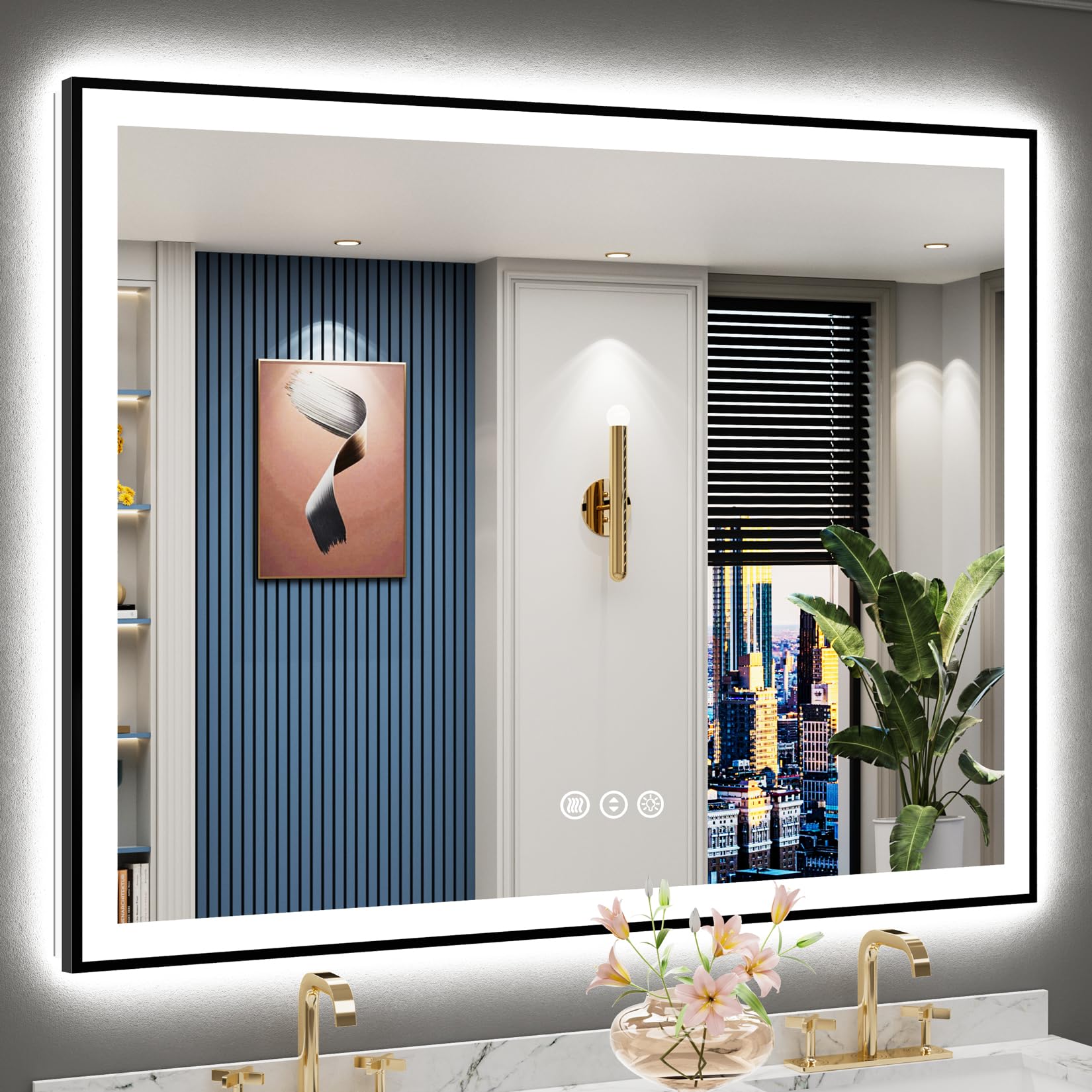 24x32 Black Framed LED Bathroom Mirror with Lights, Backlit and Front Lit Anti-Fog Lighted Vanity Mirrors for Bathroom Wall, Dimmable, 3 Colors, Memory, HD Tempered Glass, Horizontal/Vertical