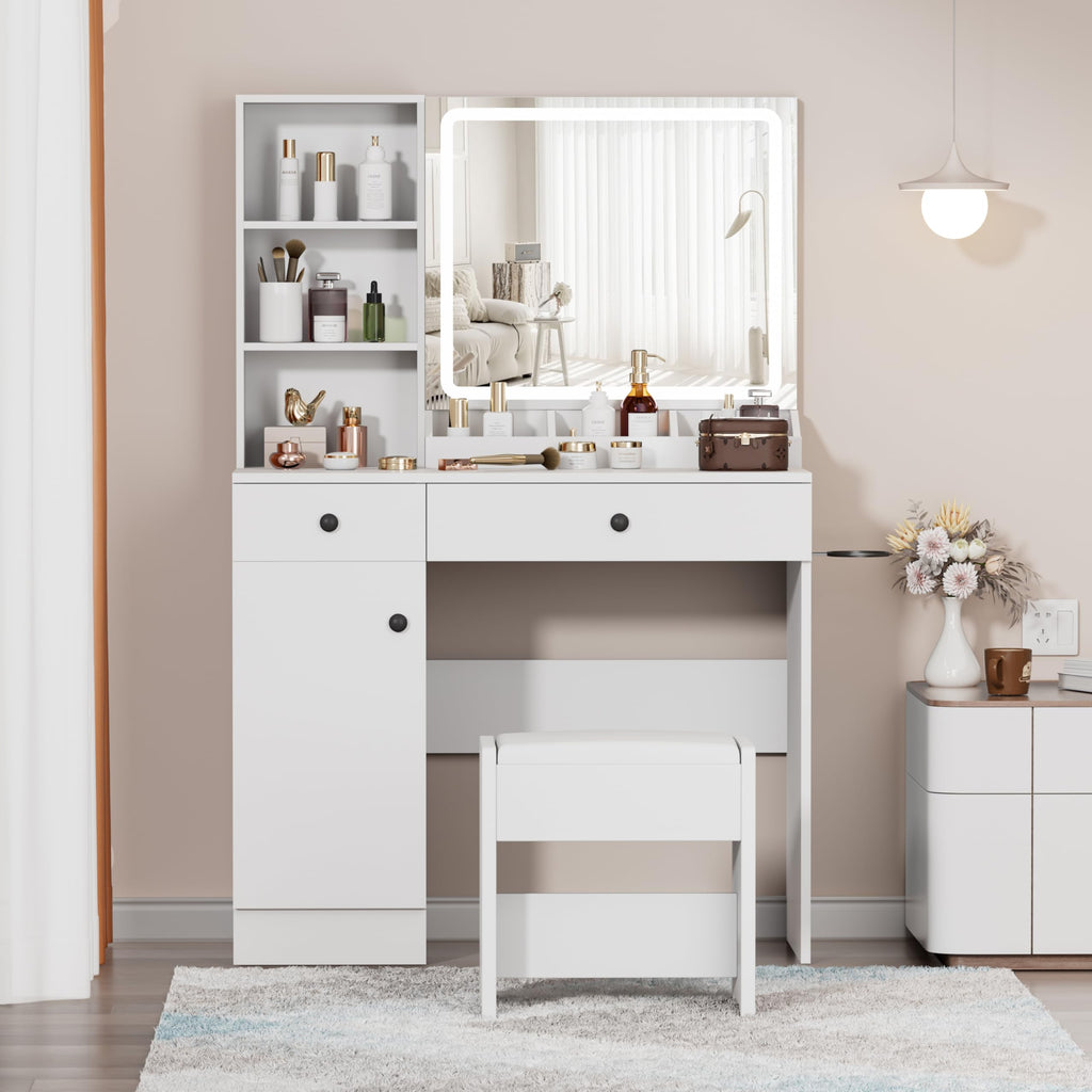 YIKEHOME Makeup Vanity Desk with Mirror and 10 Lights, 3-Colour Hollywood Brighter Bulbs, Vanity Table Set with Large Drawers and and Charging Station for Bedroom Dressing Room White