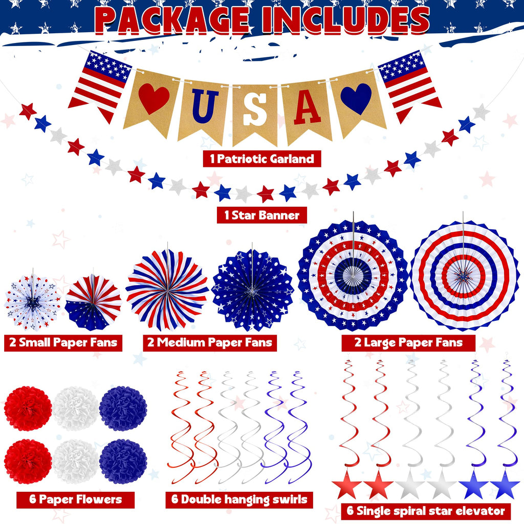 26 PCS 4th of July Decorations, 250th Memorial Day Red White Blue Paper Fans Decorations, 4th of July Banner Pompom Garland and Hanging Swirls Set for Fourth of July Independence Day Decor